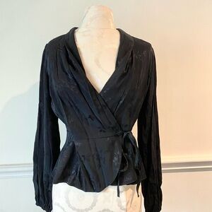 Black jacquard print long sleeve wrap blouse top